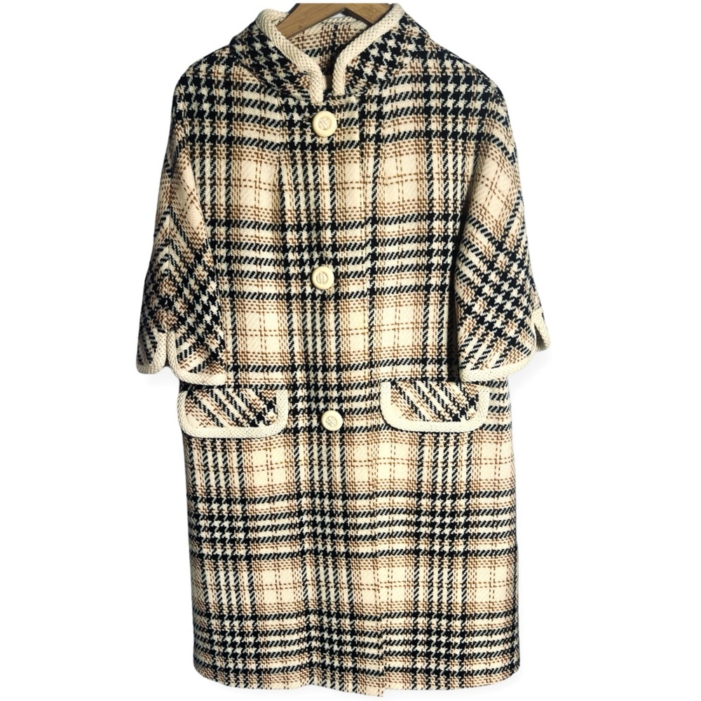 Vintage 1950’s cream plaid elbow sleeve swing coat pristine vintage condition